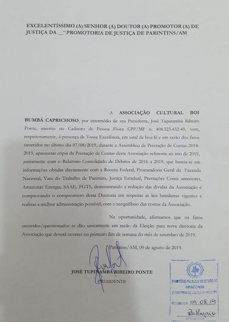 Caprichoso apresenta prestação de contas e relatórios de débitos ao Ministério Público