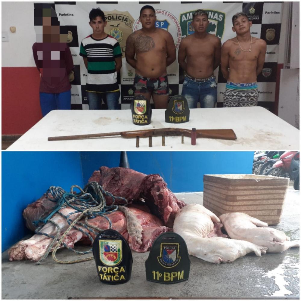 PM apreende cerca de 200 kg de carne clandestina e uma espingarda no Bairro União, em Parintins; 4 homens foram presos e um menor apreendido
