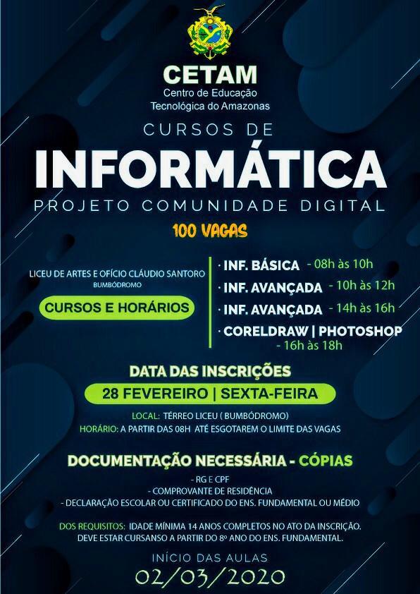 Cetam/Parintins abre mais de 100 vagas para cursos de informática nesta sexta-feira (28)