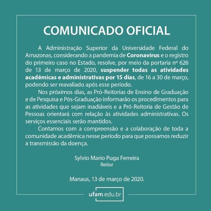 Pandemia de Coronavírus faz UFAM suspender atividades por 15 dias