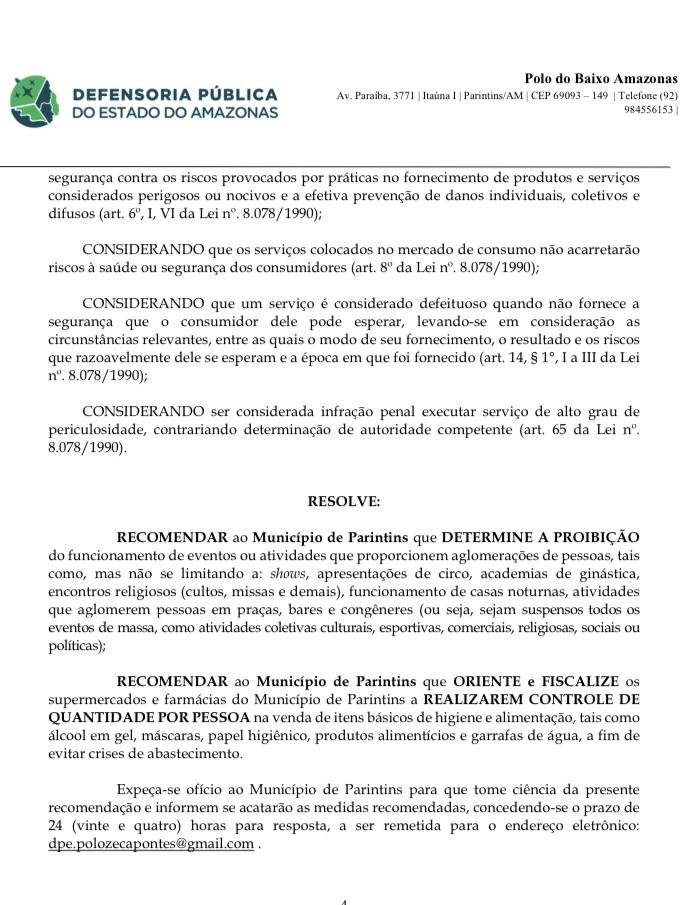 Defensoria Pública recomenda a suspensão de eventos/atividades com aglomeração de pessoas em Parintins (AM)
