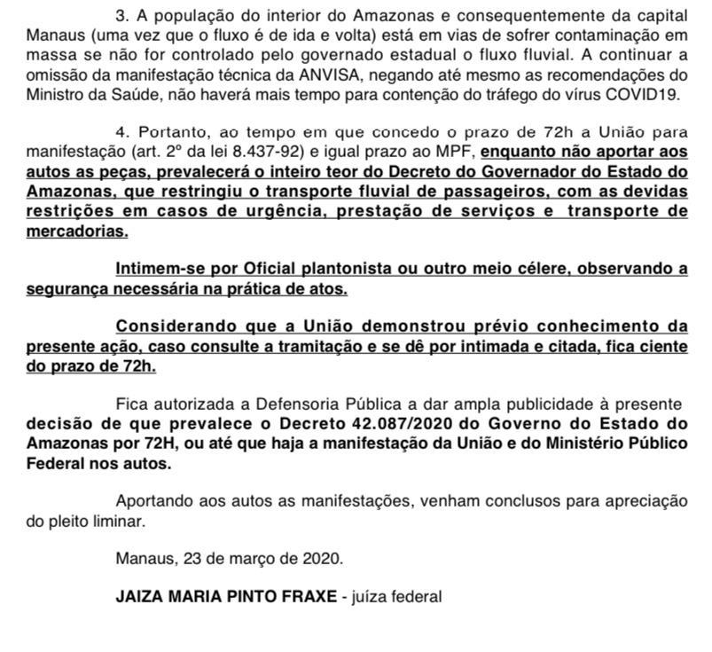 Justiça Federal determina vigência de decreto estadual e proibição de embarcações de passageiros