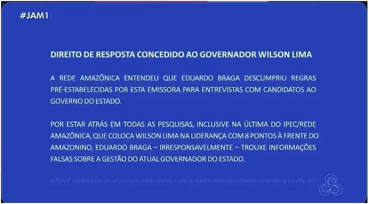 TV Amazonas concede direito de resposta ao candidato Wilson Lima 