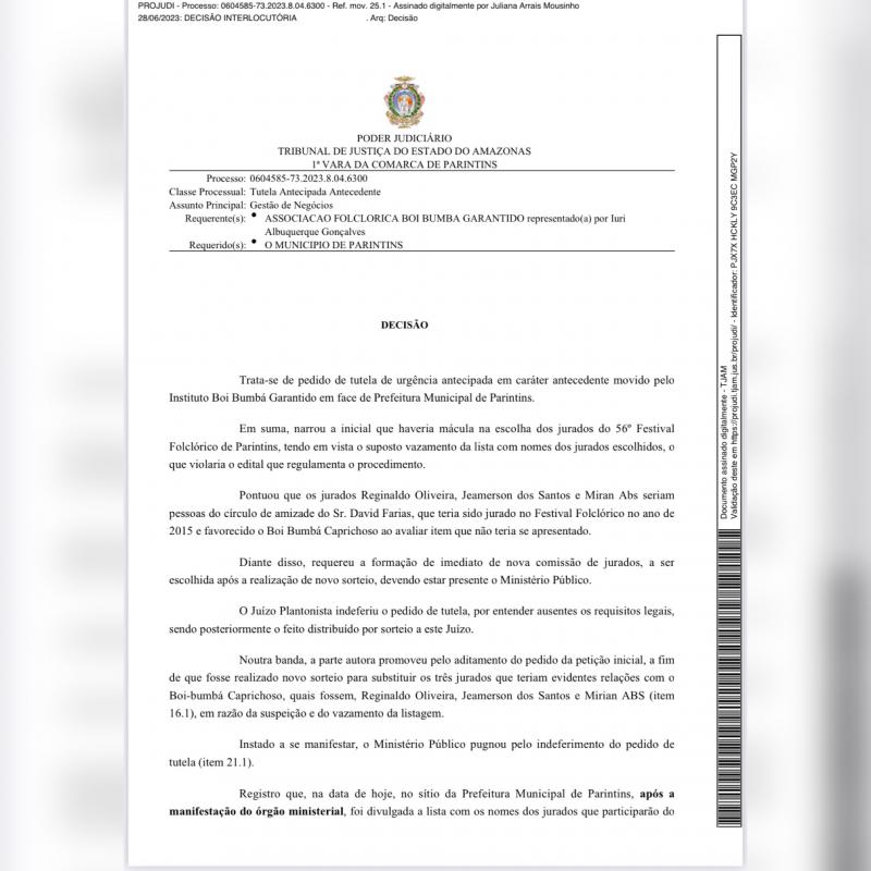 JUSTIÇA DELIBERA SUBSTITUIÇÃO DE TRÊS NOMES QUE SERIAM JURADOS NO 56º FESTIVAL FOLCLÓRICO DE PARINTINS    